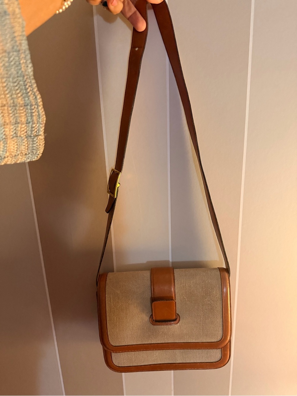 Hermes Beige Canvas and Tan Leather Shoulder Bag - Picture 2 of 6